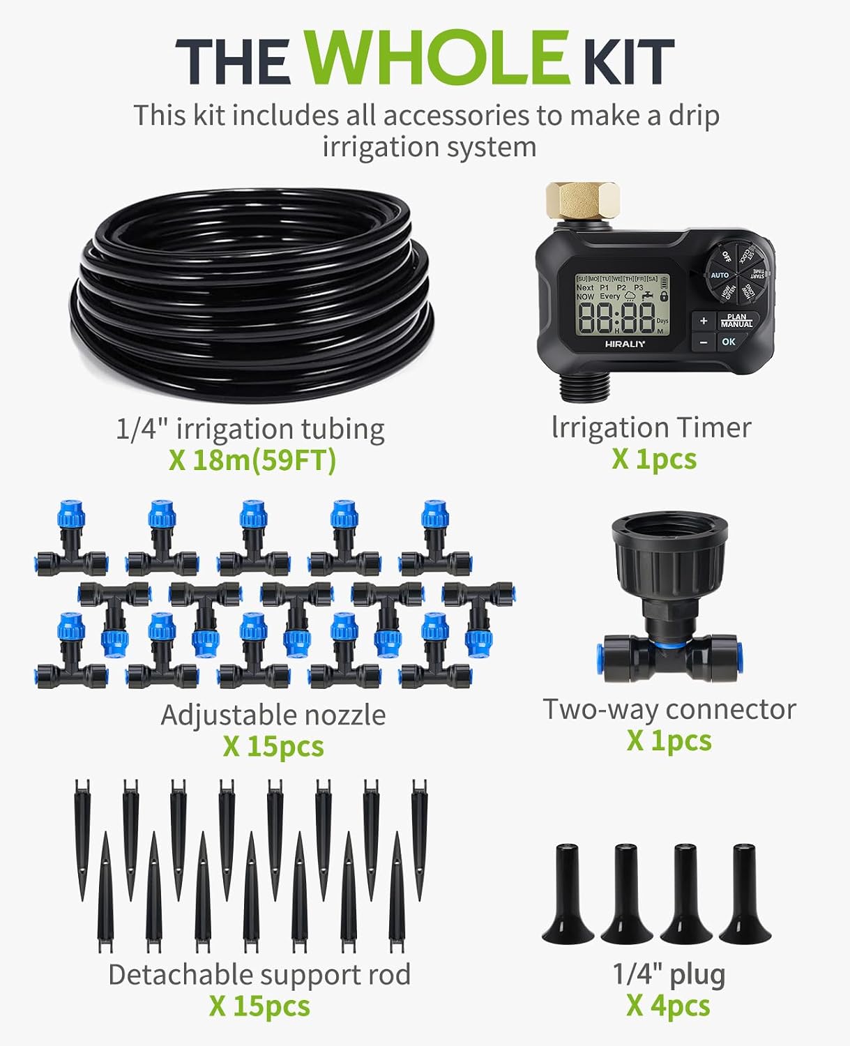 HIRALIY 59FT Drip Irrigation Kit with Water Timer, Quick-Connect | Garden Watering System with 15 Adjustable Misting
