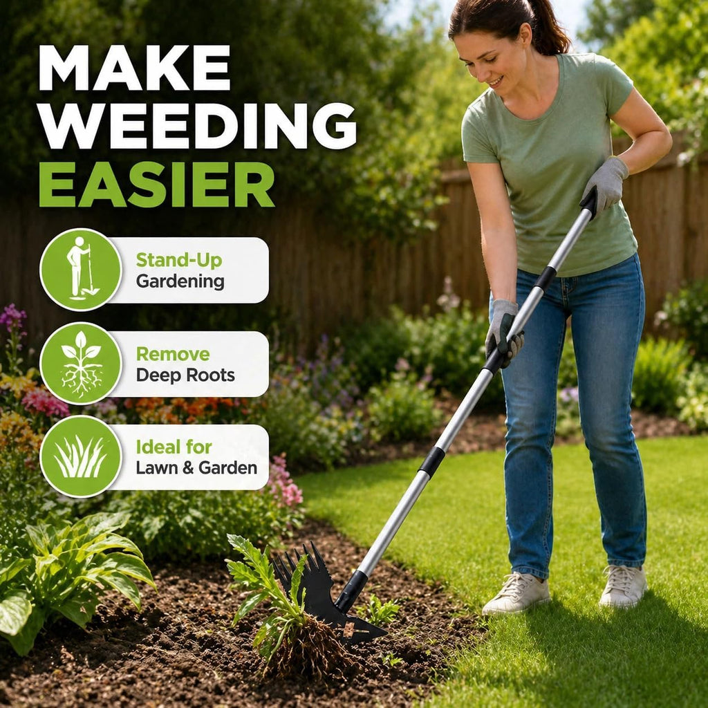 Weed Puller Tool with Long Handle, 60'' Adjustable Long Manual Weeder Remover Tool，2 in 1 Weed Rake and Gardening