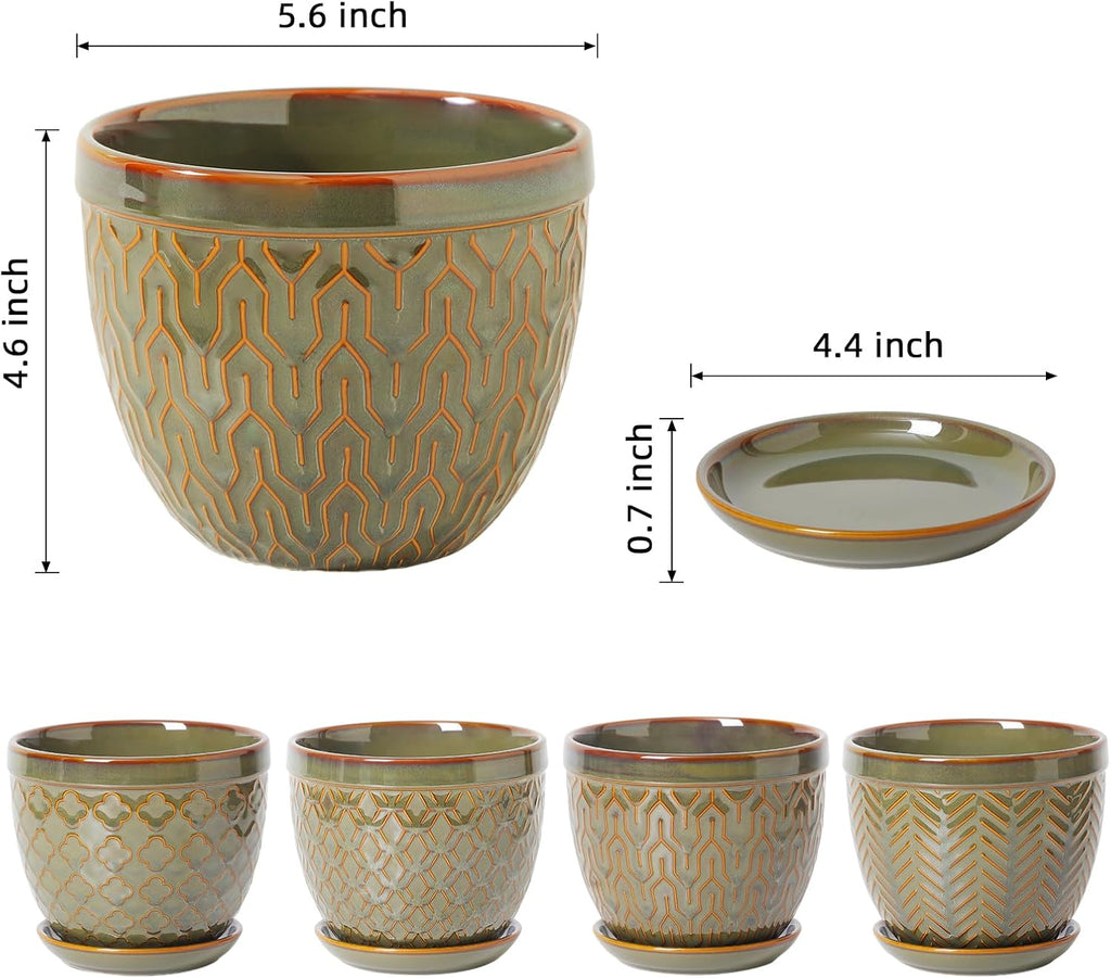 Sureasy Ceramic Indoor Plant Pots, 5.6 Inch Flower Pots for Plants with Drainage Hole and Saucer, Embossed Planter for
