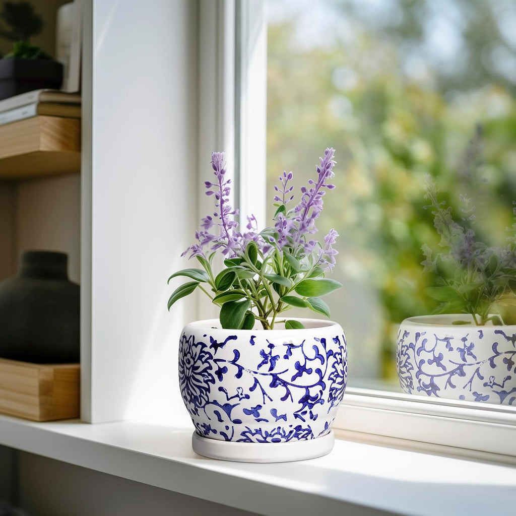 SQOWL 6 Inch Planter - Ceramic Plant Pots Indoor with Drainage Hole and Saucer, Round Ceramic Flower Pot Outdoor