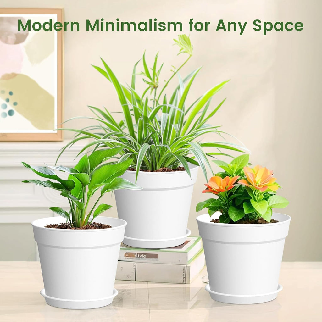 SwinDuck 20 Pack 6 Inch Plant Pots with Drainage and Saucers, White Plastic Flower Pots for Indoor and Outdoor Plants
