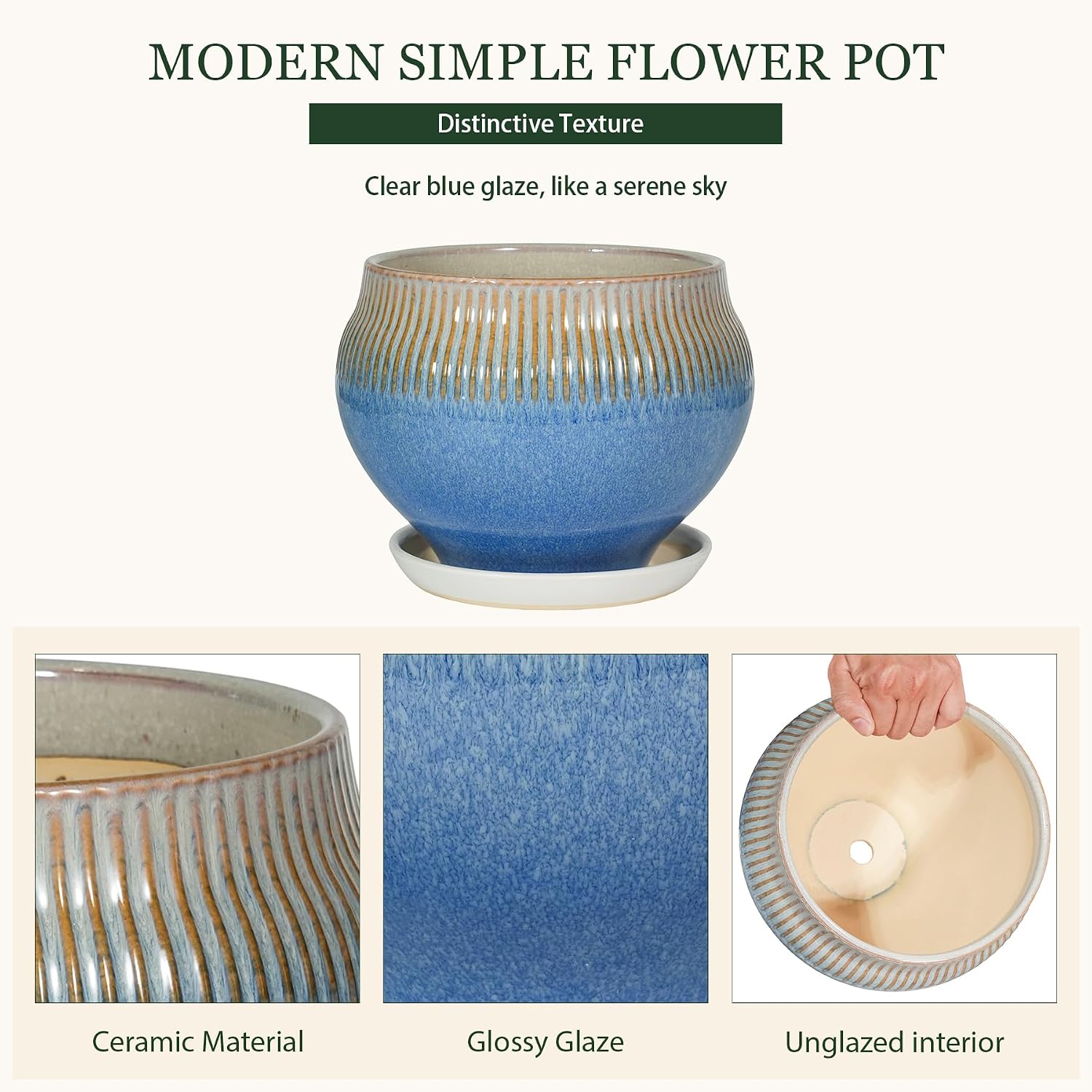 8.3 Inch Modern Ceramic Plant Pot with Drainage Hole and Mesh Net, Indoor Outdoor Planter with Saucer & Gardening