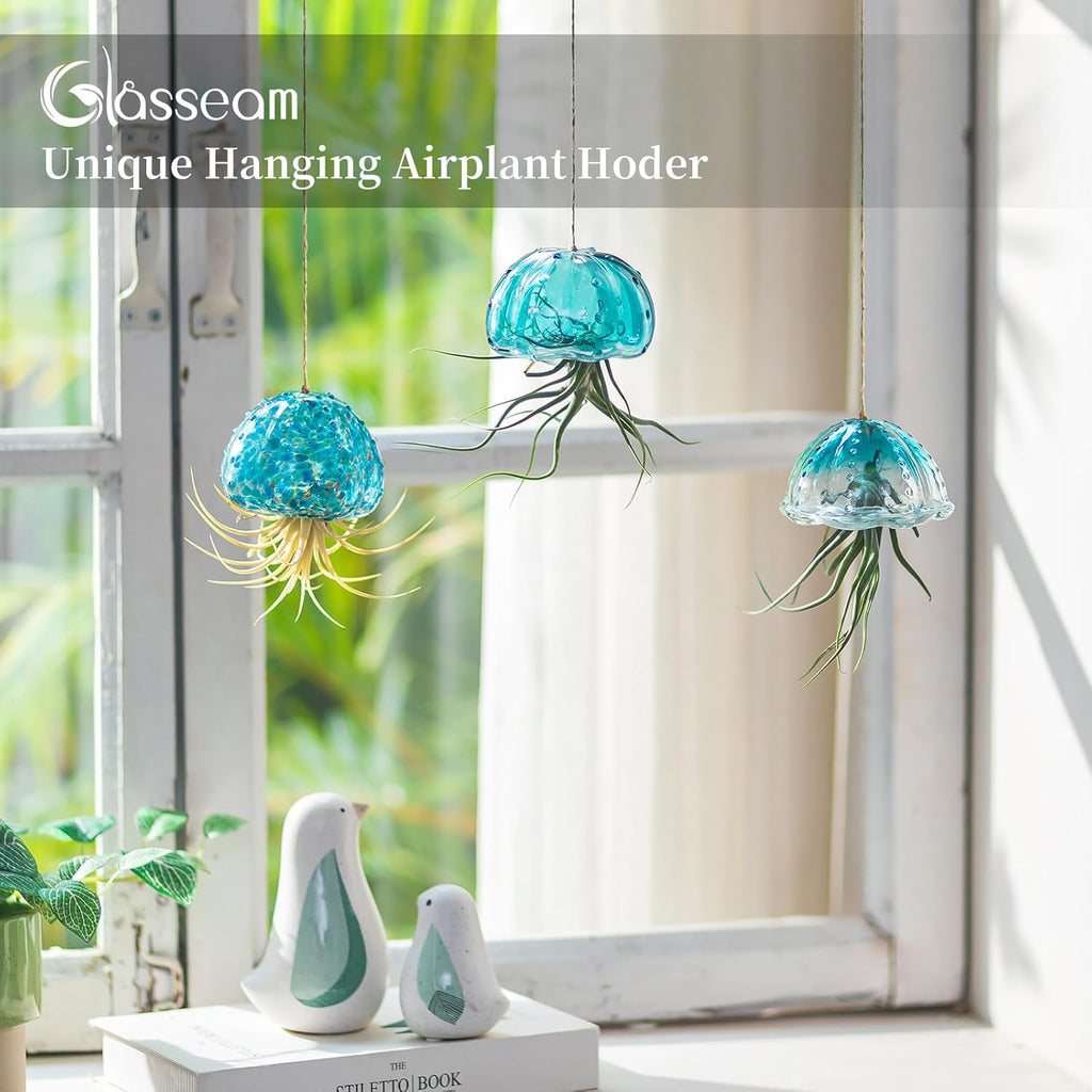 Glasseam Glass Jellyfish Decor, 3 Pcs Hanging Air Plant Holders with Jute | Tillandsia Houseplants Display, Ocean Blue