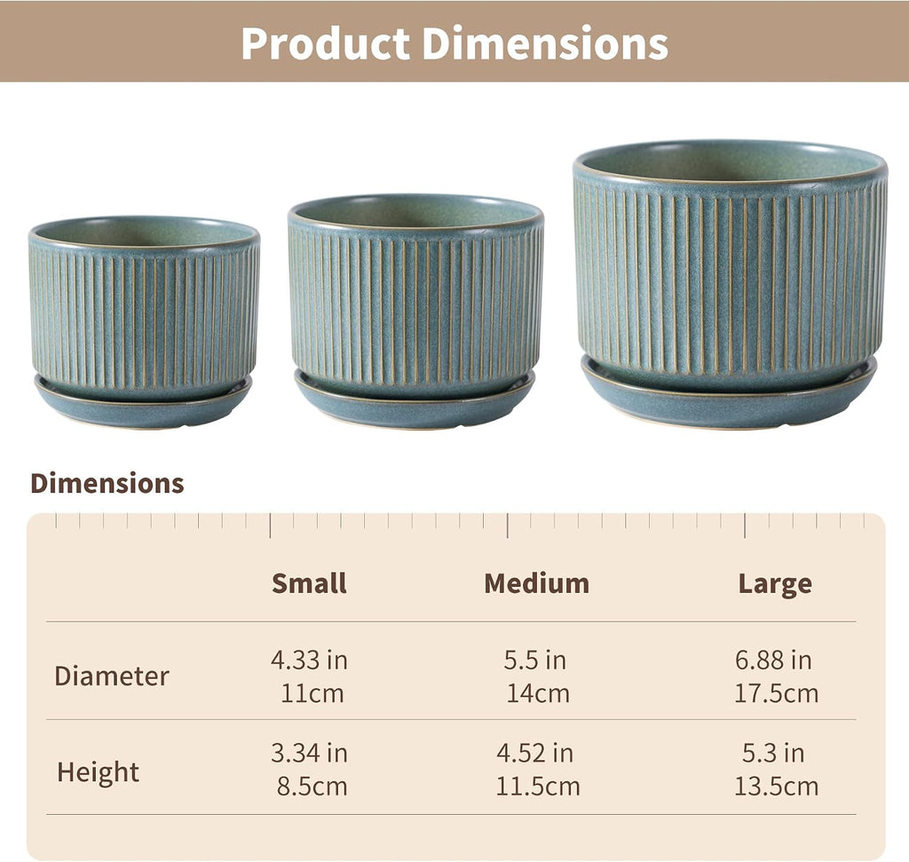 SURE YUESI Ceramic Plant Pots Set of 3, Indoor Outdoor Planters with Drainage Hole and Saucer, Ceramic Flower Pots for