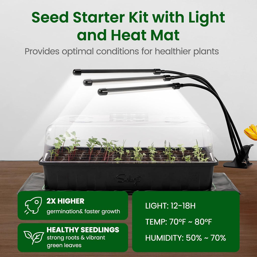 SOLIGT 60 Cell Seed Starter Tray Kit with Grow Light and Heat Mat | Seed Starter Tray, Higher 4.3” Humidity Dome