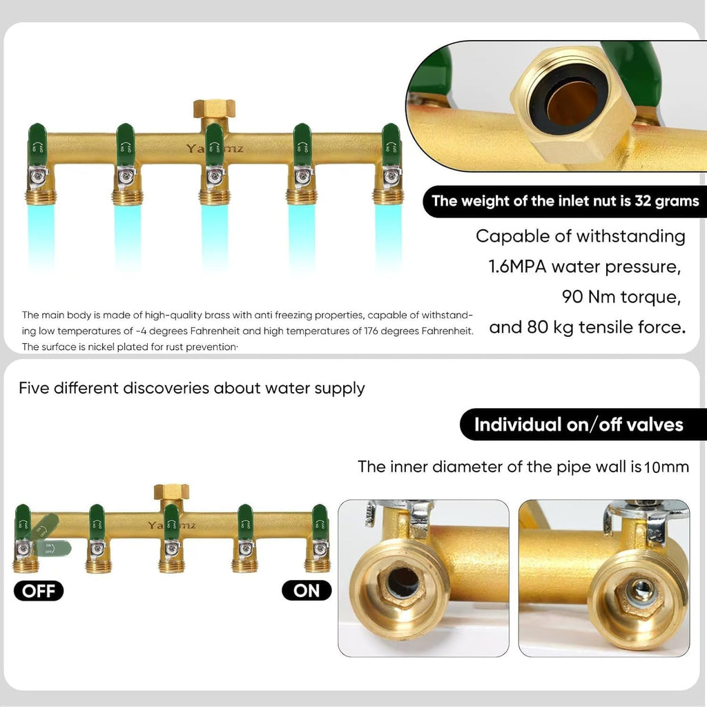 5 Way Garden Hose Splitter, 3/4" GHT Outdoor Water Spigot Splitter | Heavy Duty Solid Brass Body with Shut-off Valves &