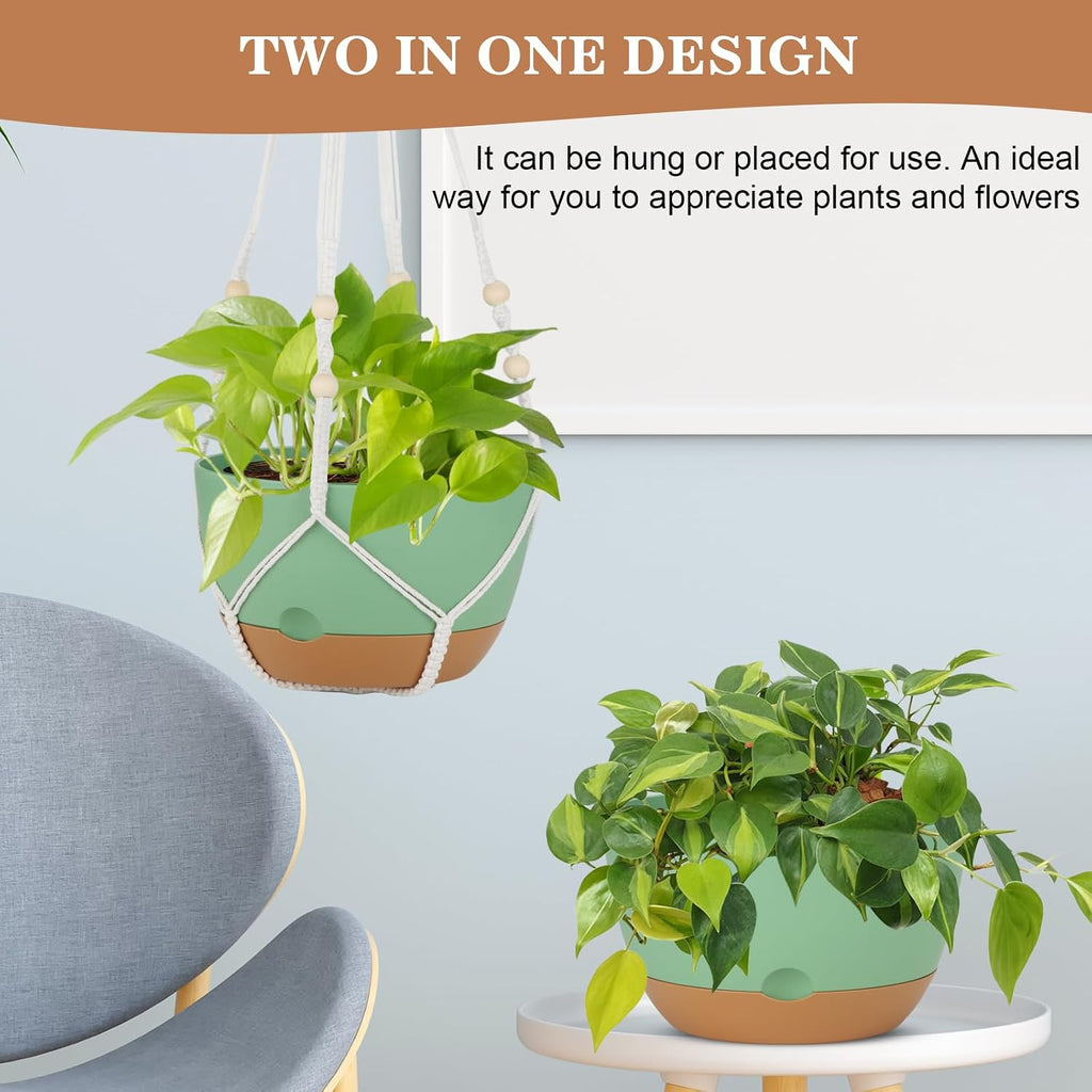 Self Watering Hanging Planter, 3 Pack 10 Inch Macrame Plant Hanger with Flower Pot, Metal Chain, S & Ceiling Hooks