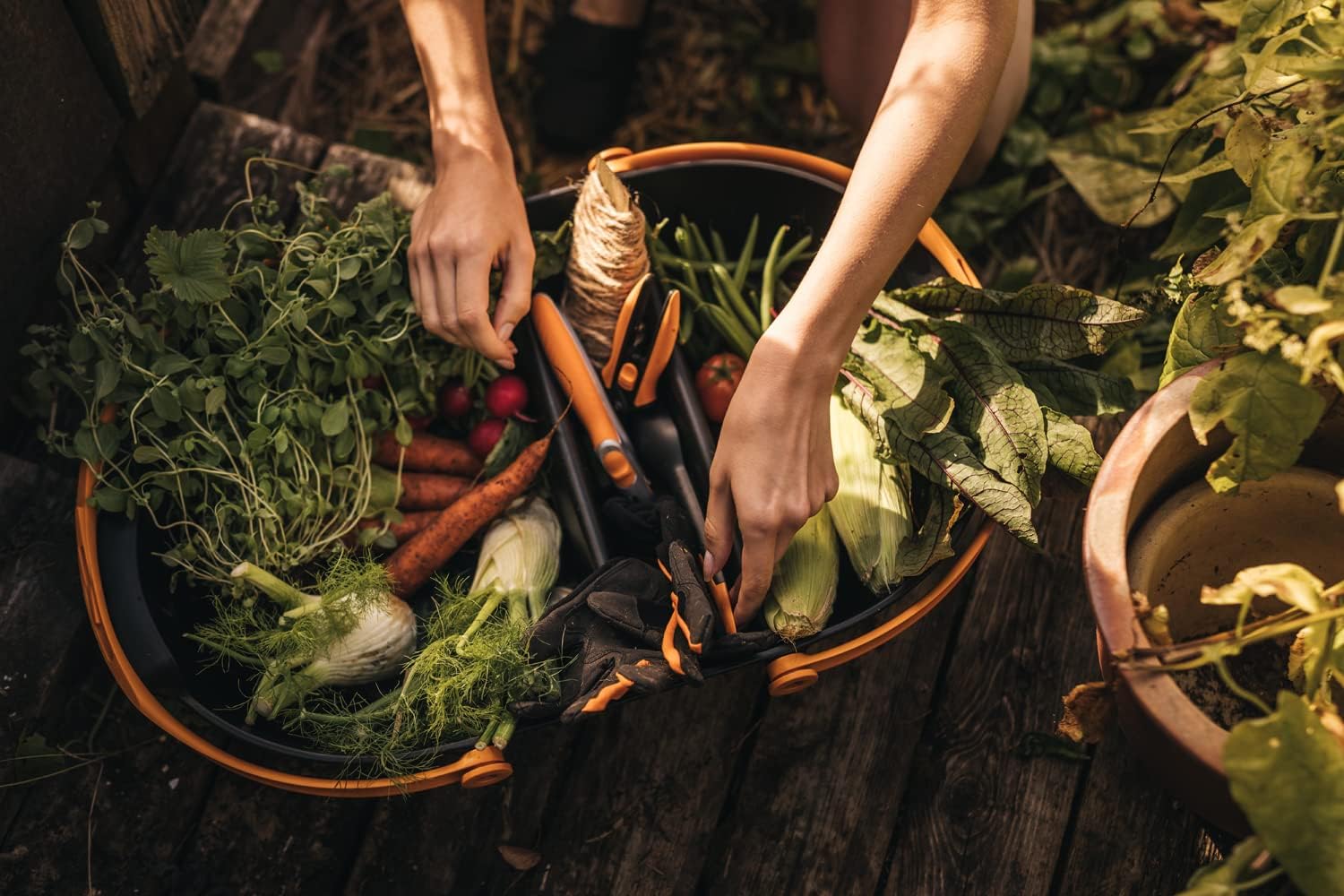 Fiskars Harvest Basket, For collecting and cleaning harvest and harvesting tools, Plastic, Black/Orange, Plus, 1062831