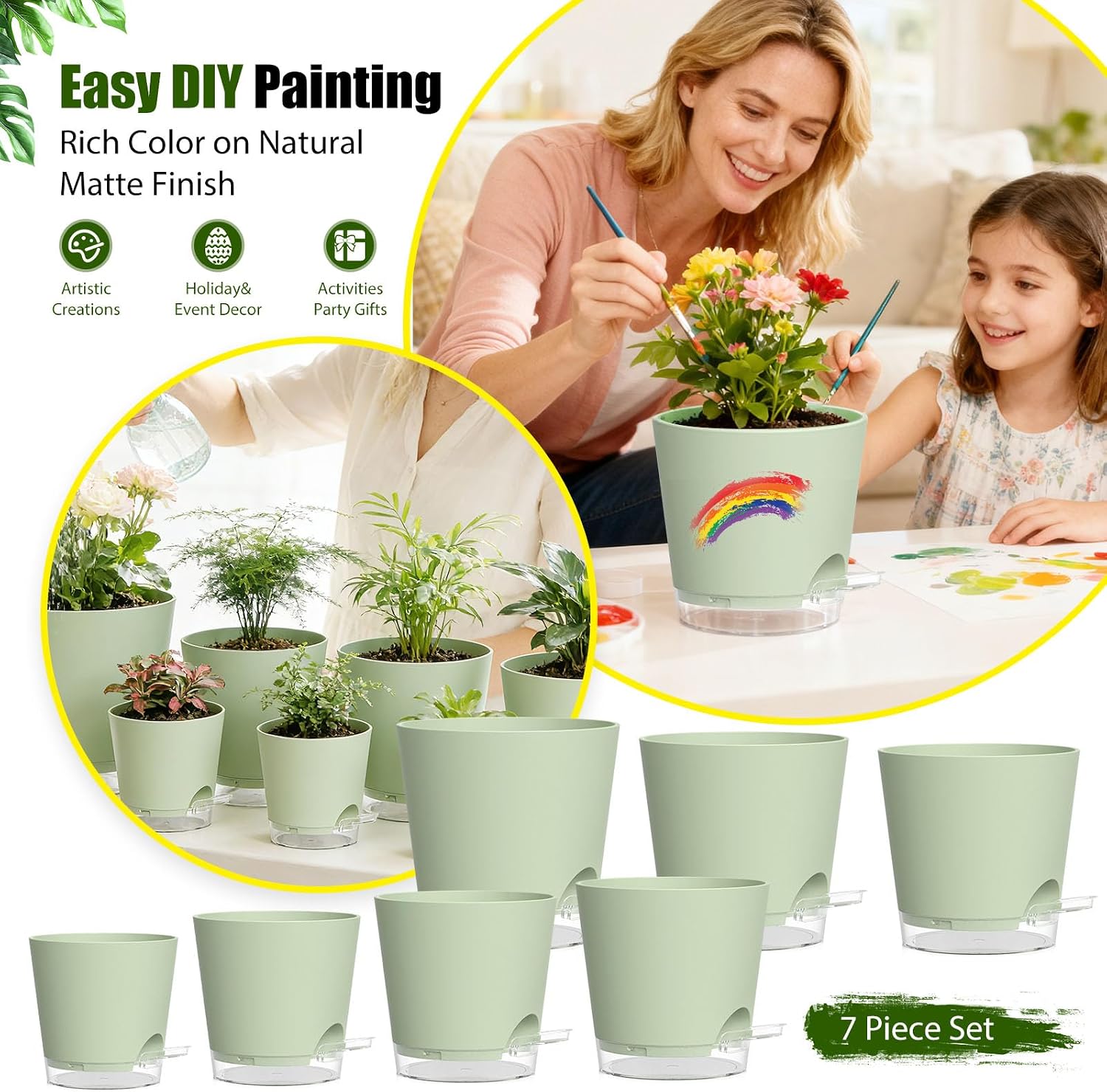 Plant Pots 4/5/5.5/6/6.5/7/8 Inch Self Watering Pots, 7 Pack Plastic Planters with Drainage Holes and Clear