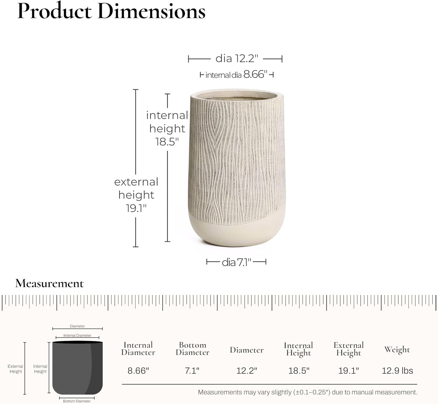 LuxenHome Blended Tan 19" Tall Plant Pot, Large Garden Pot for Plants | With Drainage Hole and Plug, Textured Finish