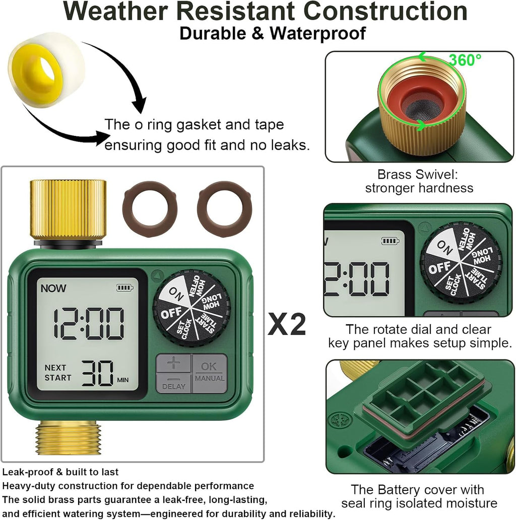 2 Pack Water Timer for Outdoor Garden Hose, Sprinkler Timer | for Garden Faucet Timer with Auto/Manual/Rain Delay Mode