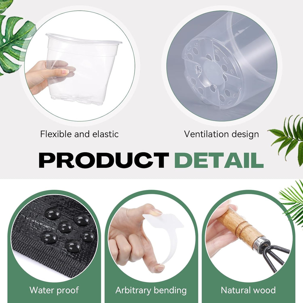 83 Pcs Garden Supplies Tools Kit, 5/6/7 Inch Clear Plastic Plant Pots with Transplanting Mat, Trowel Cultivator Rake