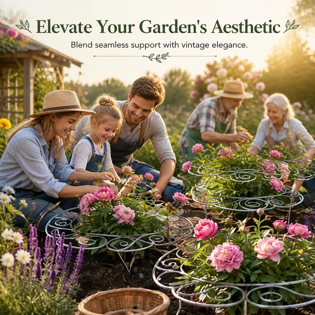 Metal Plant Support Ring for Garden, Heavy Duty Green Flower Hoop with Gardening Gloves, Peony Cage Stand for Outdoor