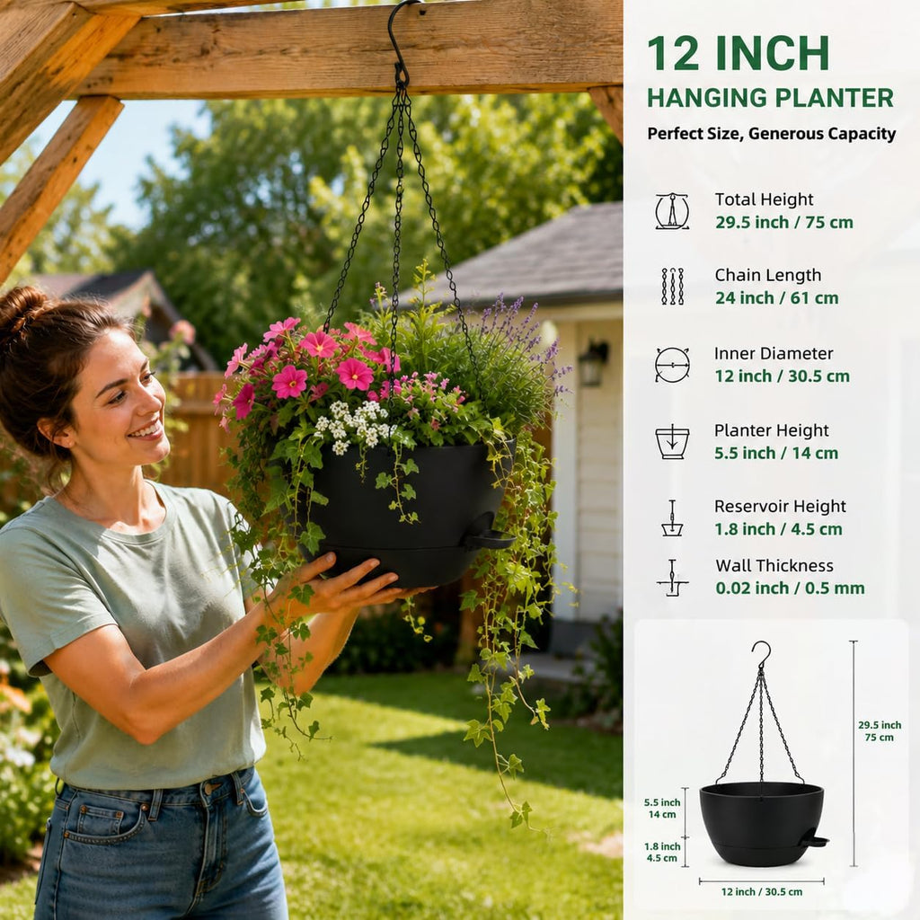 12" Self Watering Hanging Planters with Chains, Black, 2 Pack | 43 Oz removable self-watering reservoir, for