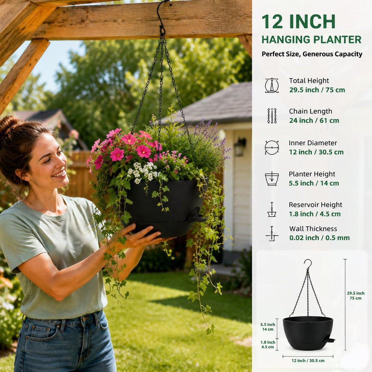 12" Self Watering Hanging Planters with Chains, Black, 2 Pack | 43 Oz removable self-watering reservoir, for