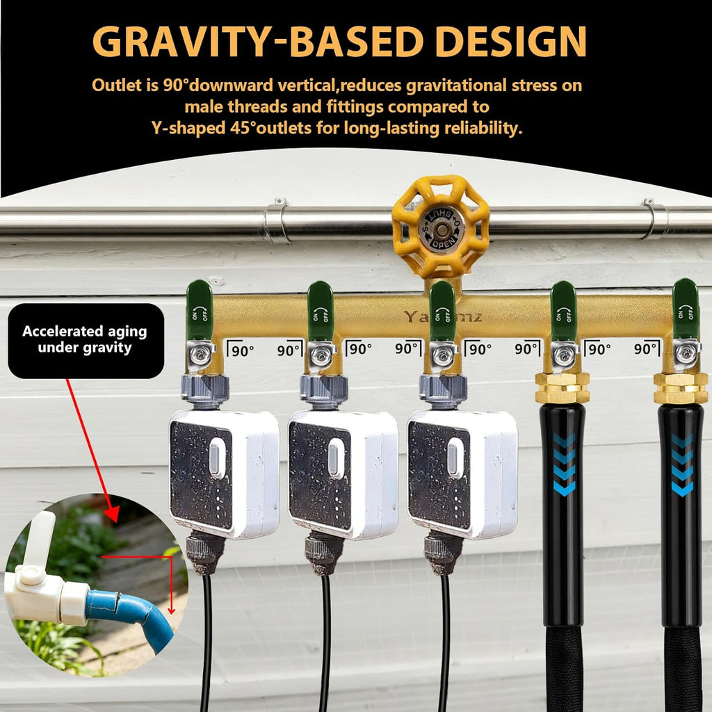 5 Way Garden Hose Splitter, 3/4" GHT Outdoor Water Spigot Splitter | Heavy Duty Solid Brass Body with Shut-off Valves &