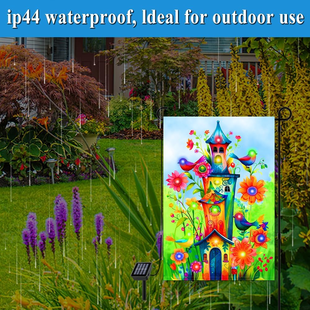 Bird Lighted Garden Flag, 12x18 Inch Double Sided | LED Solar, 8 Modes, Floral Bird Design, Stand Not Included ﻿