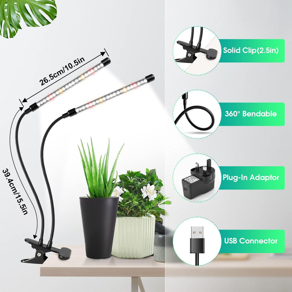 Clip on Grow Lights for Indoor Plants, Full Spectrum 6000K | 2-Head Gooseneck Plant Lamp, 6/12/16H Auto Timer, 5-Level