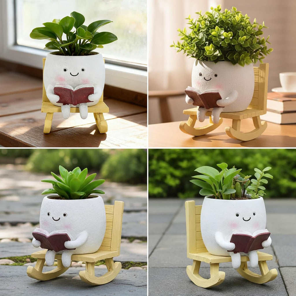 Smiley Face Planter Pot, Cute Resin Head Planter with Drainage Hole, Unique Rocking Chair Succulent Pot for Indoor