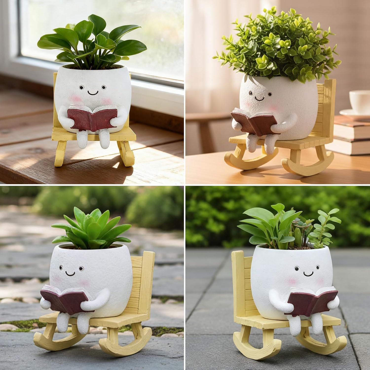 Smiley Face Planter Pot, Cute Resin Head Planter with Drainage Hole, Unique Rocking Chair Succulent Pot for Indoor