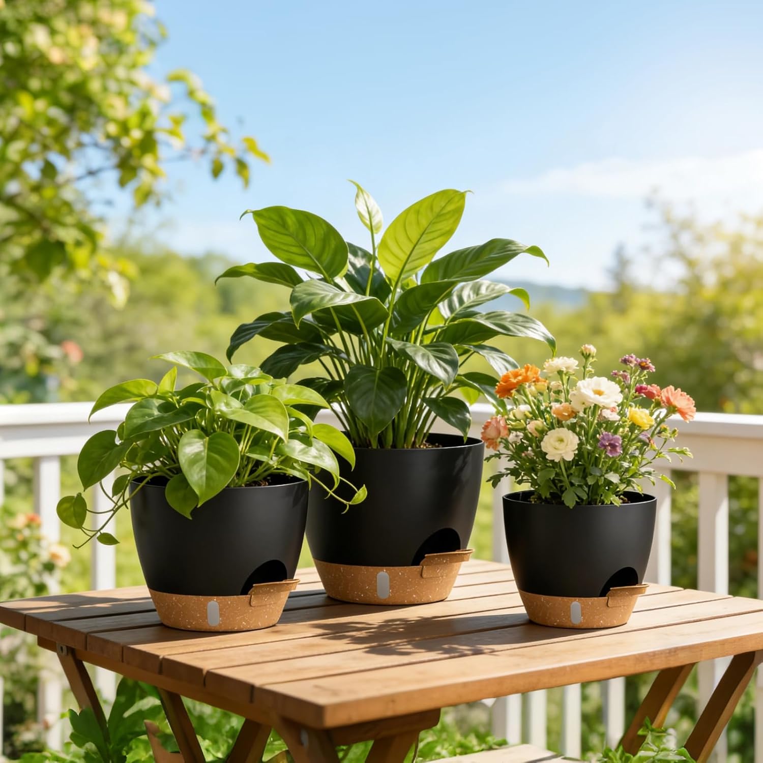 Plant Pots, 4 Pack 12/10/9/8 Inch Self Watering Pots with Drainage Holes, Water Level Indicator Deep Reservoir, Large