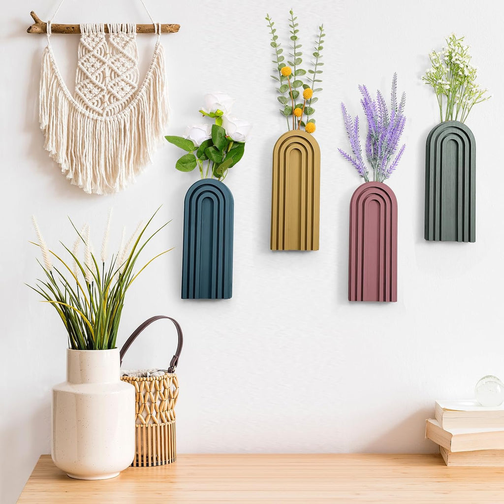 4 Pack Wood Wall Planter Indoor Wall Decor Plant Holders Boho Hanging Planter Vases for Modern Farmhouse Living Room