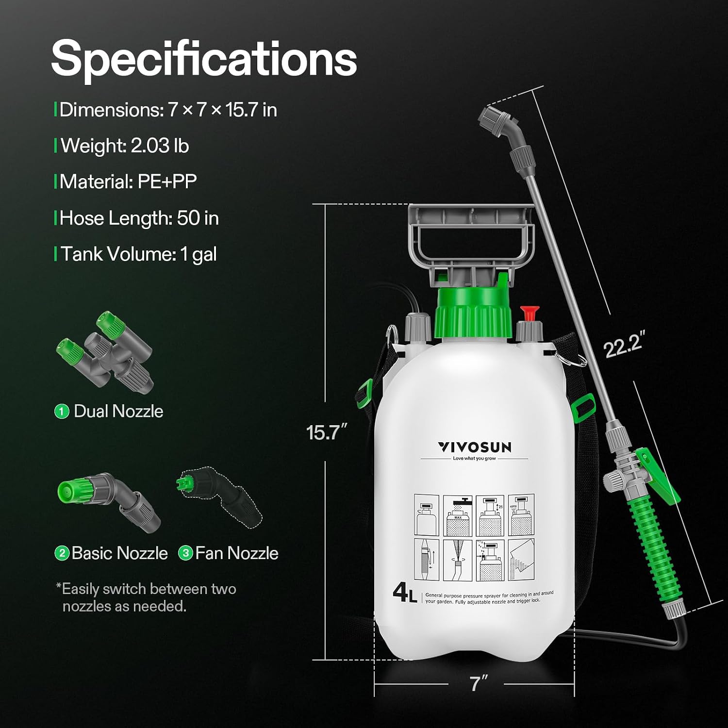 VIVOSUN 1 Gal/4L Pump Sprayer, Garden Water Sprayer | for Plants, Weeds & Lawn Care, with 3 Nozzles, 50'' Long Hose &