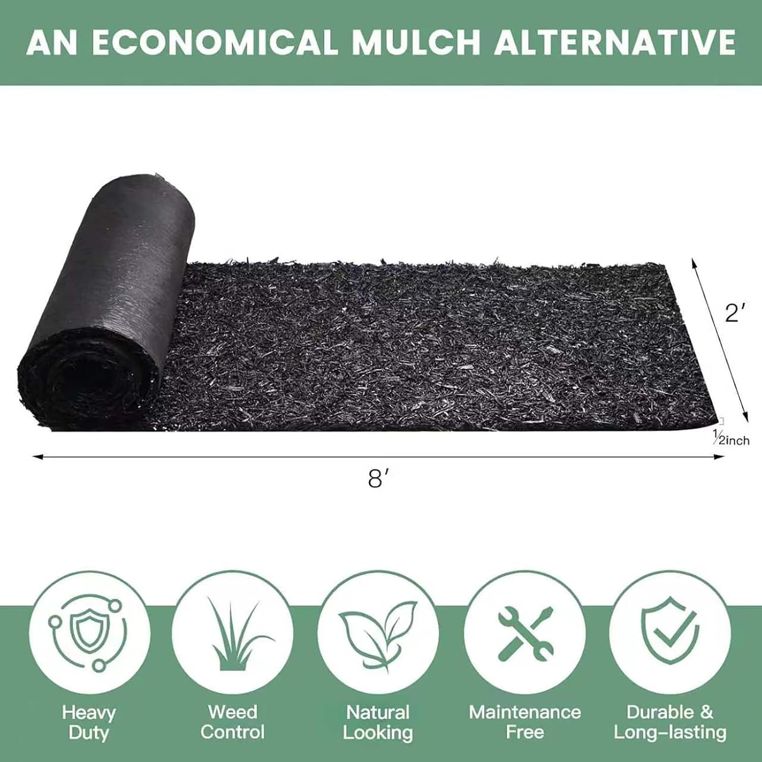 Sekcen Upgraded 2 Pack Rubber Mulch Roll Mat for Landscaping Recycled Rubber Walkway Black Permanent Mulch Pathway