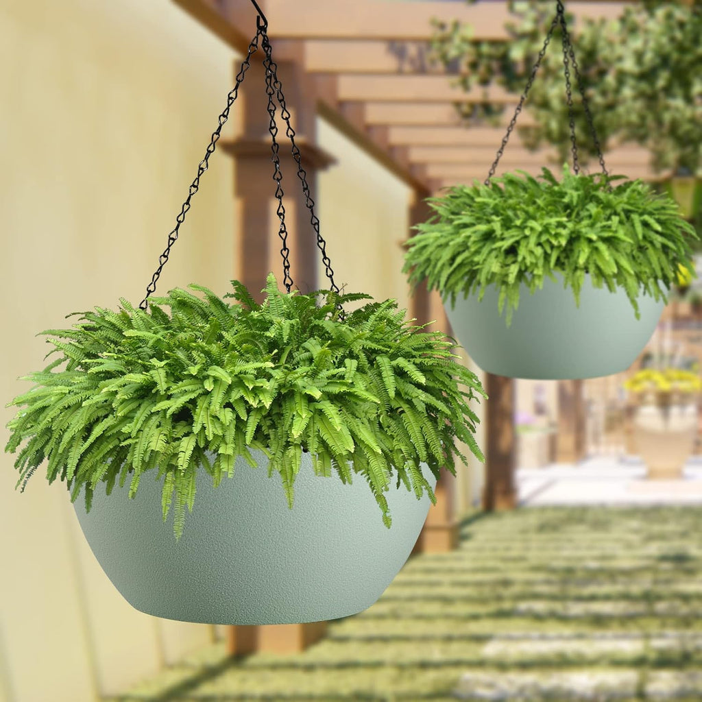 WOUSIWER 13 inch 2 Pack Large Hanging Planters for Indoor Outdoor Plants with Drainage Holes and Chain, Round Hanging