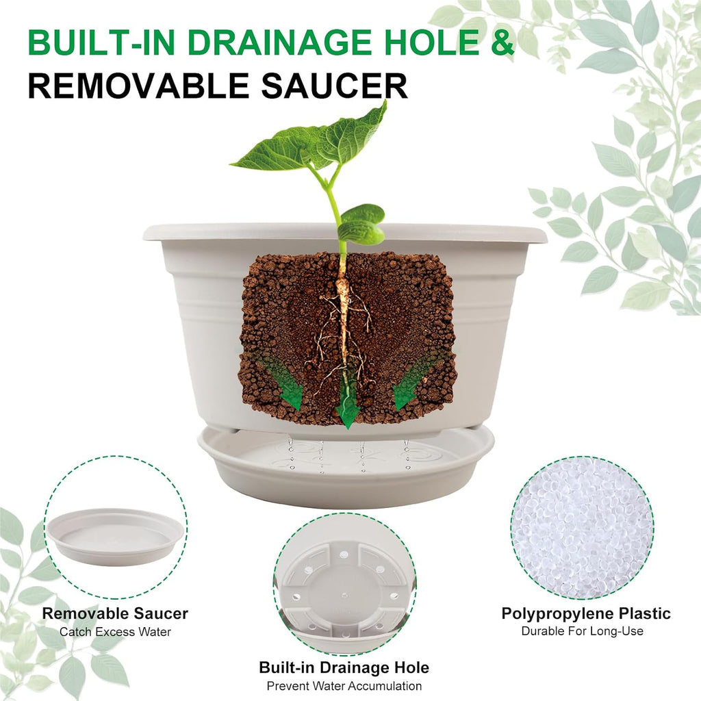 6 Pack 10 inch Plant Pot, Shallow Planters with Drainage Hole & Tray Saucer | Round Outdoor Pots for Plants, Decoration