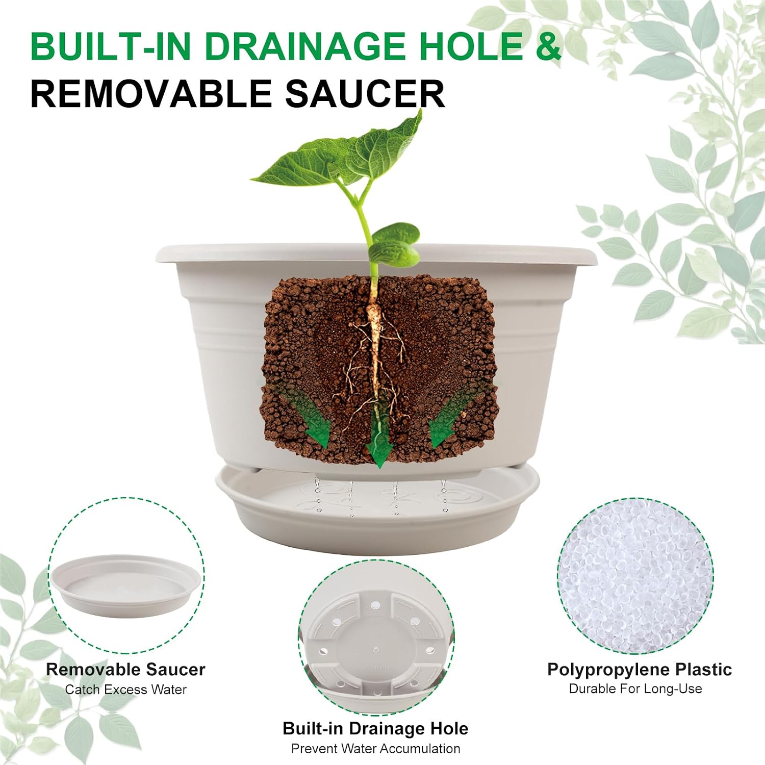6 Pack 10 inch Plant Pot, Shallow Planters with Drainage Hole & Tray Saucer | Round Outdoor Pots for Plants, Decoration