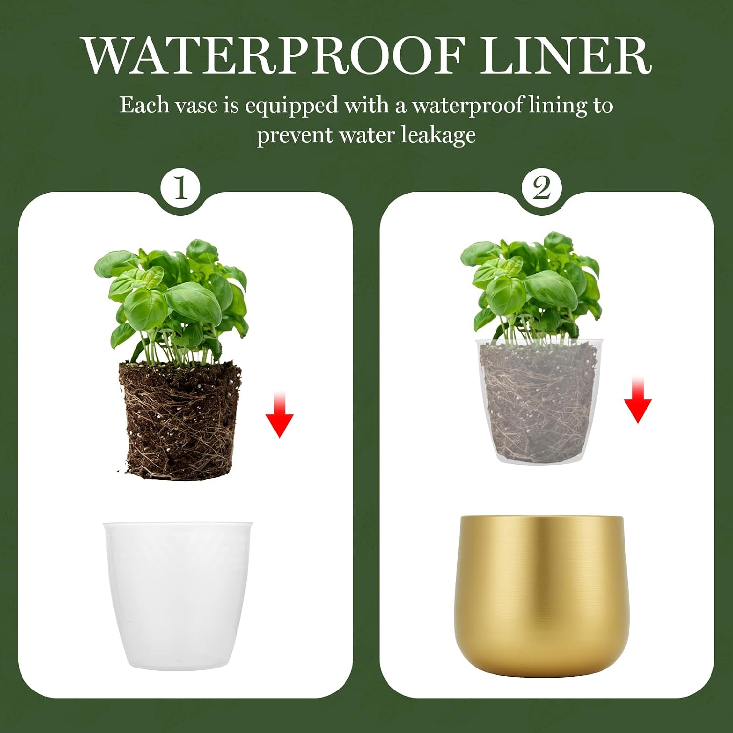 6.3" Gold Metal Plant Pots with Drainage Hole & Liner for Indoor Plants | Brushed Gold Anti-Rust Metal Finish, Stable