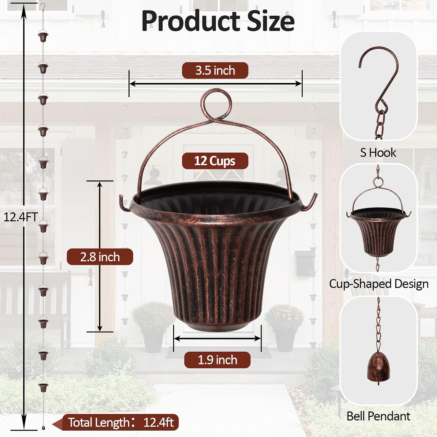12.4FT Rain Chain for Gutters and Outdoor Drainage with 12 Cups | Iron Red Copper Cup Design, Adjustable Length, Easy