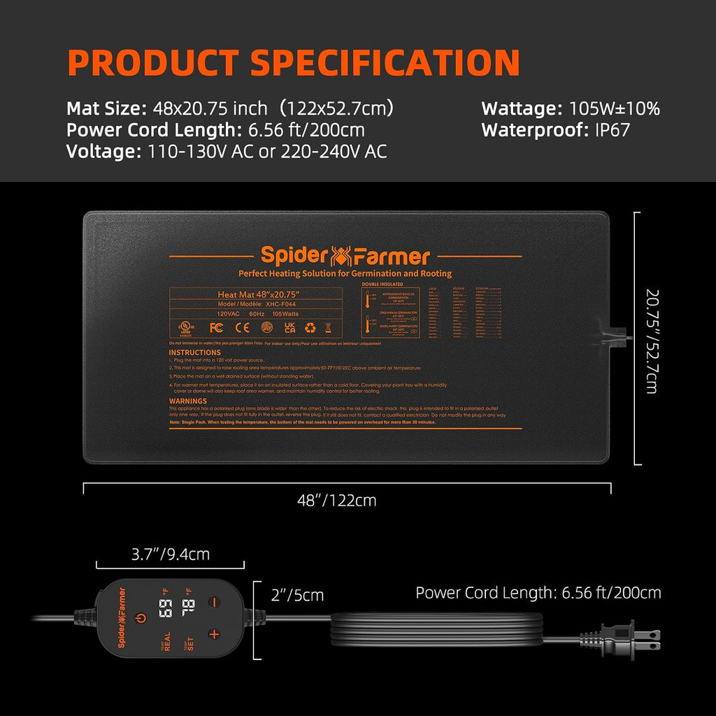 Spider Farmer 48"x20.75" Built-in Temperature Controller Seedling Heat Mat | MET & UL Certified, IP67 Waterproof Plant
