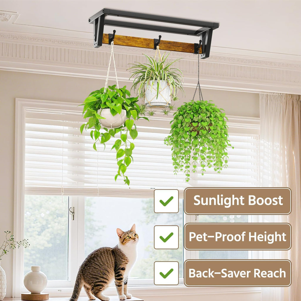 LASZOLA Plant Hanger Holder Shelf Indoor Window Wall Mount, 2 Pack Brown | Plant Hanging Rod with 6 Heavy Duty Hanging