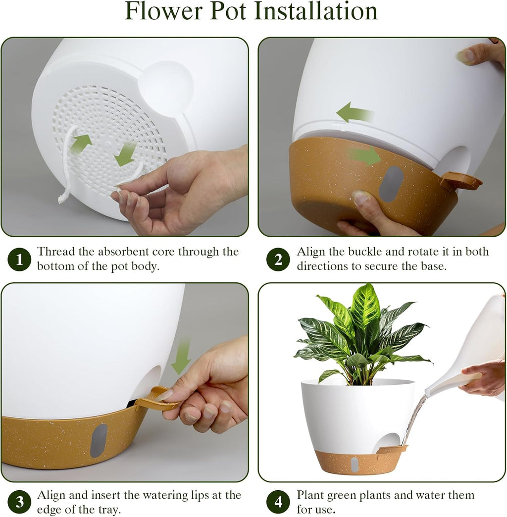 Plant Pots, 4 Pack 12/10/9/8 Inch Self Watering Pots with Drainage Holes, Water Level Indicator Deep Reservoir, Large