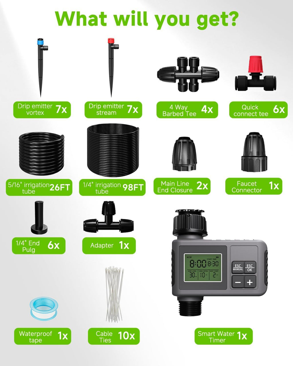 124FT Drip Irrigation System with LCD Timer, Automatic Watering System Kits,5/16 Inch Hose 1/4 Inch Distribution Tubing