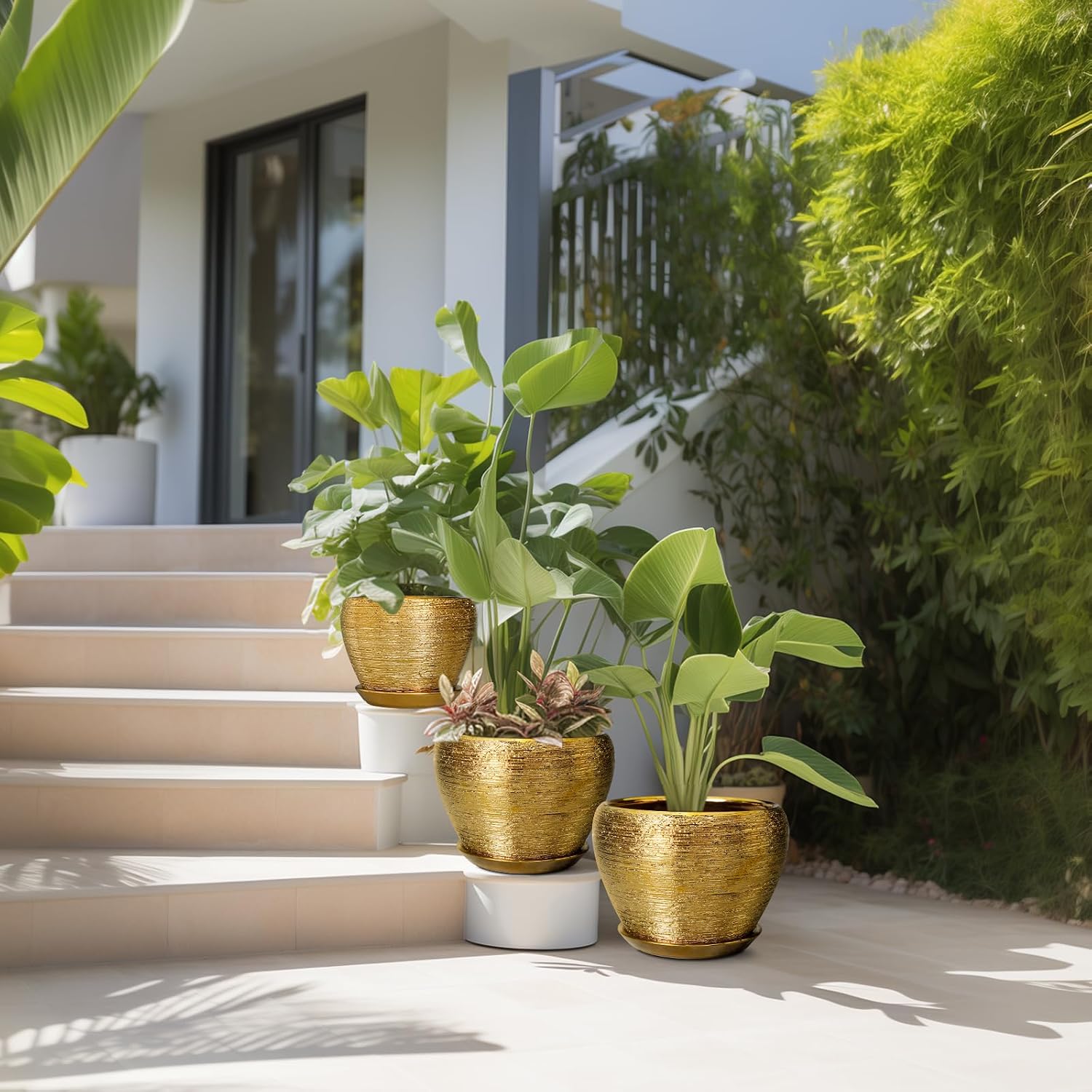 Flower Pots for Indoor & Outdoor Plants - Ceramic Pots 10 Inch, 8 Inch, 6 Inch with Drainage Holes, Saucers