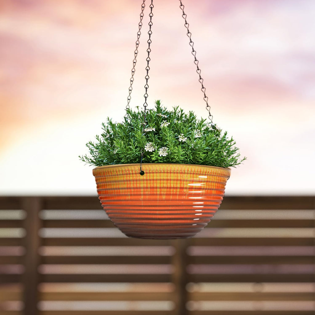 10 Inch Glazed Hanging Planters 2 Pack, Hanging Baskets with Drainage Hole | Ceramic Look, Hanging Flower Pots for