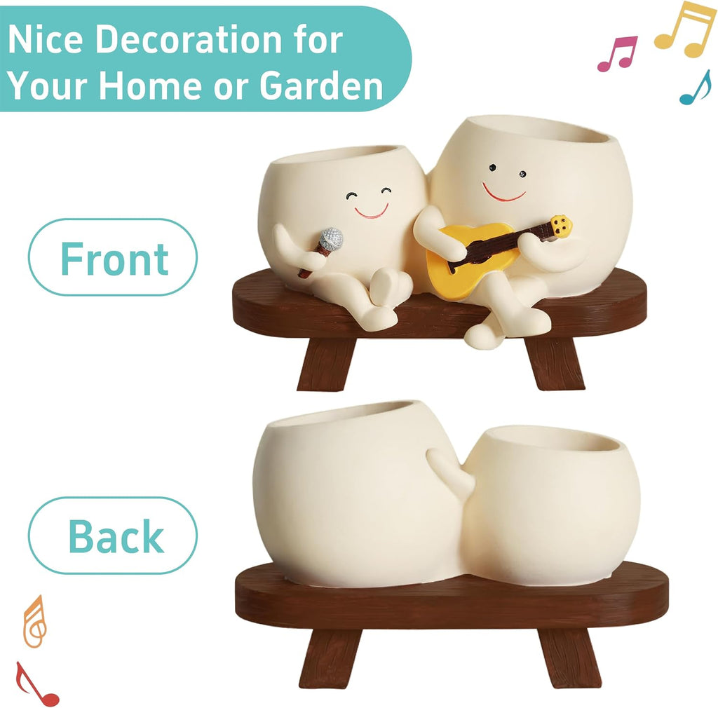 Smiley Face Planter Pot,Unique Double Head Guitar Singing Planter | with Drainage Hole Resin Cute Plant Pot,for Indoor