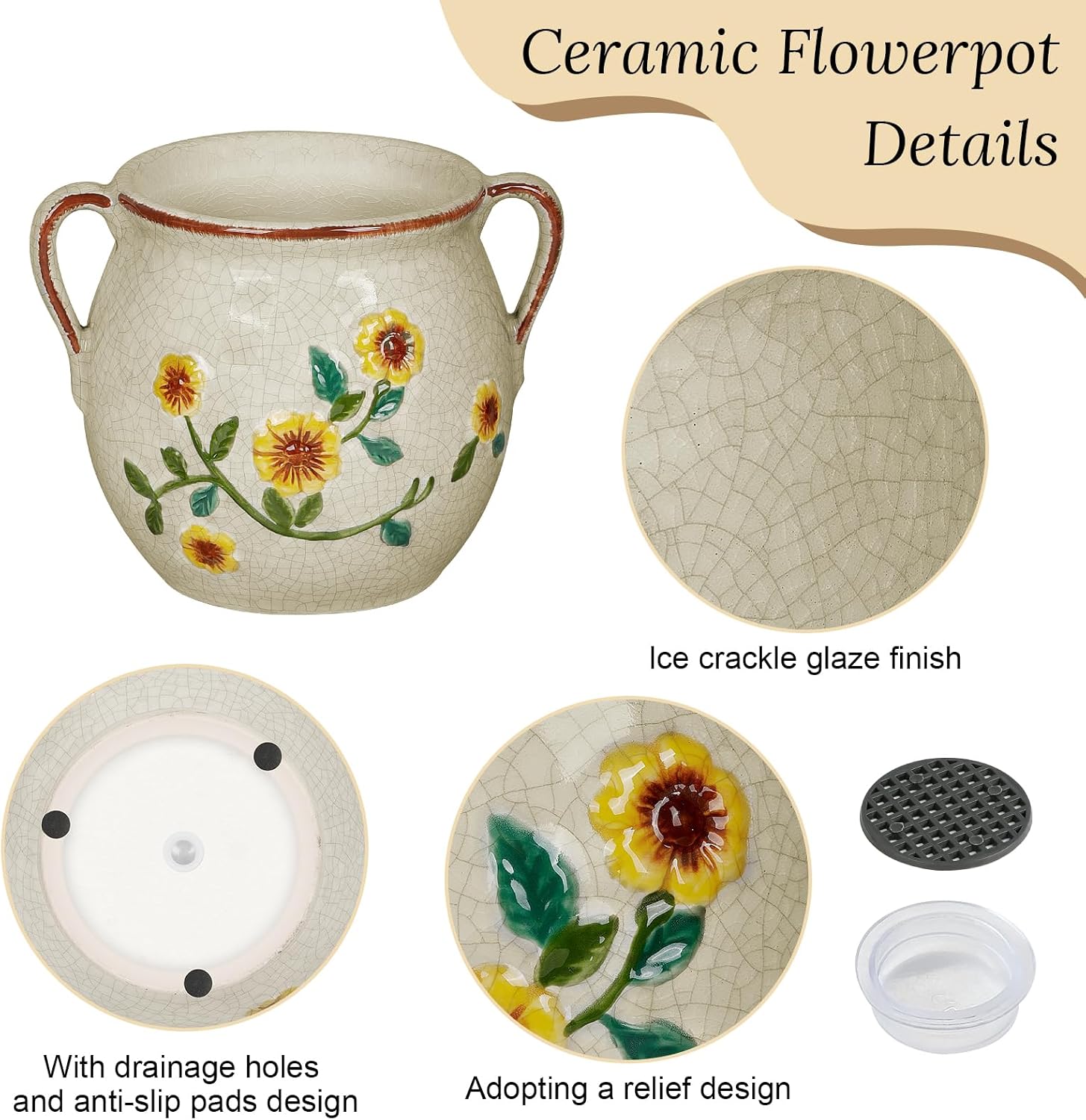 EFISPSS 6 Inch Vintage Ceramic Flower Pot with Relief Design & Handles,Ceramic Cracked Flower Pot with Drainage Hole