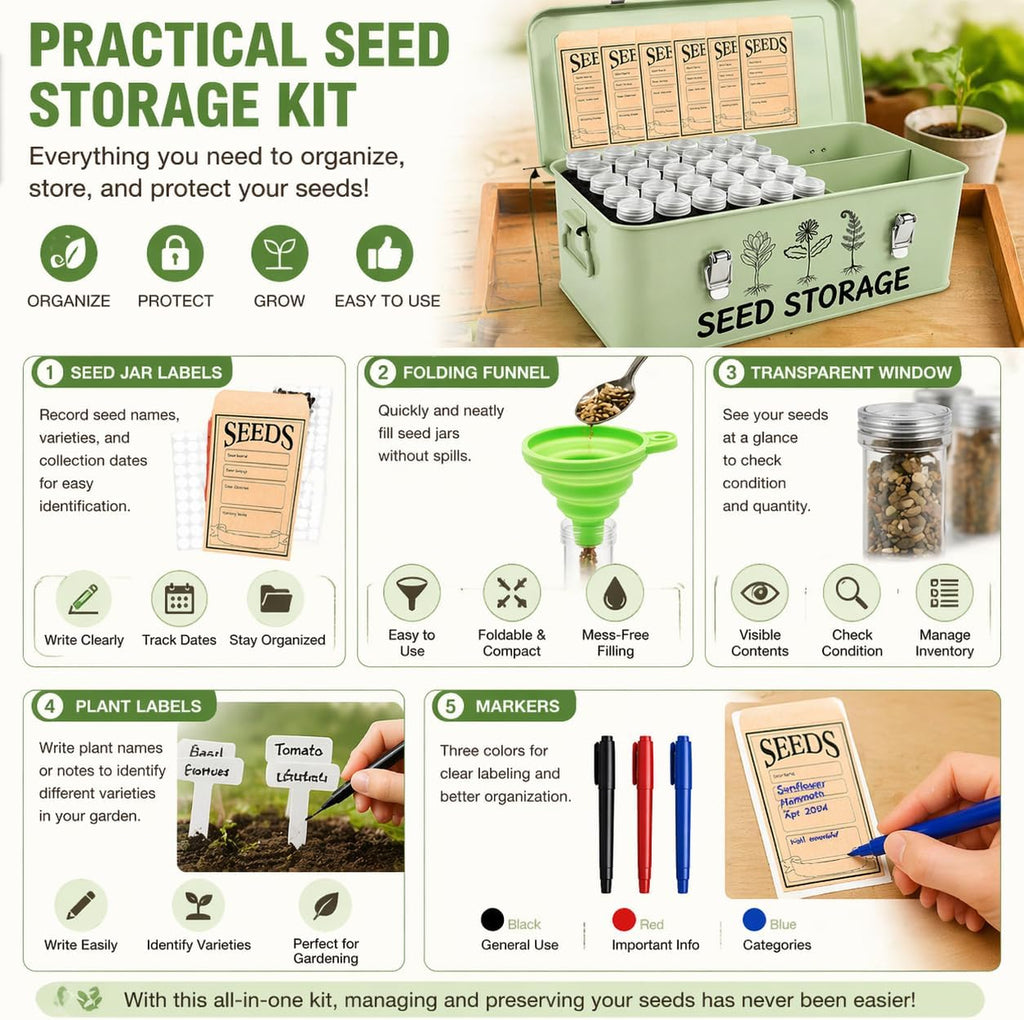Seed Storage Box – Metal Seed Packet Organizer with Garden String and Bamboo Plant Labels. Seed Container Storage