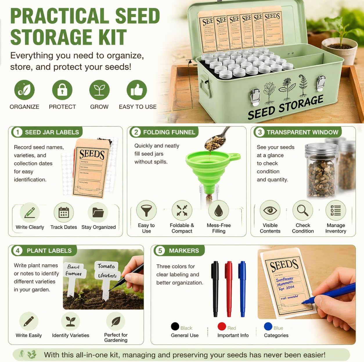 Seed Storage Box – Metal Seed Packet Organizer with Garden String and Bamboo Plant Labels. Seed Container Storage