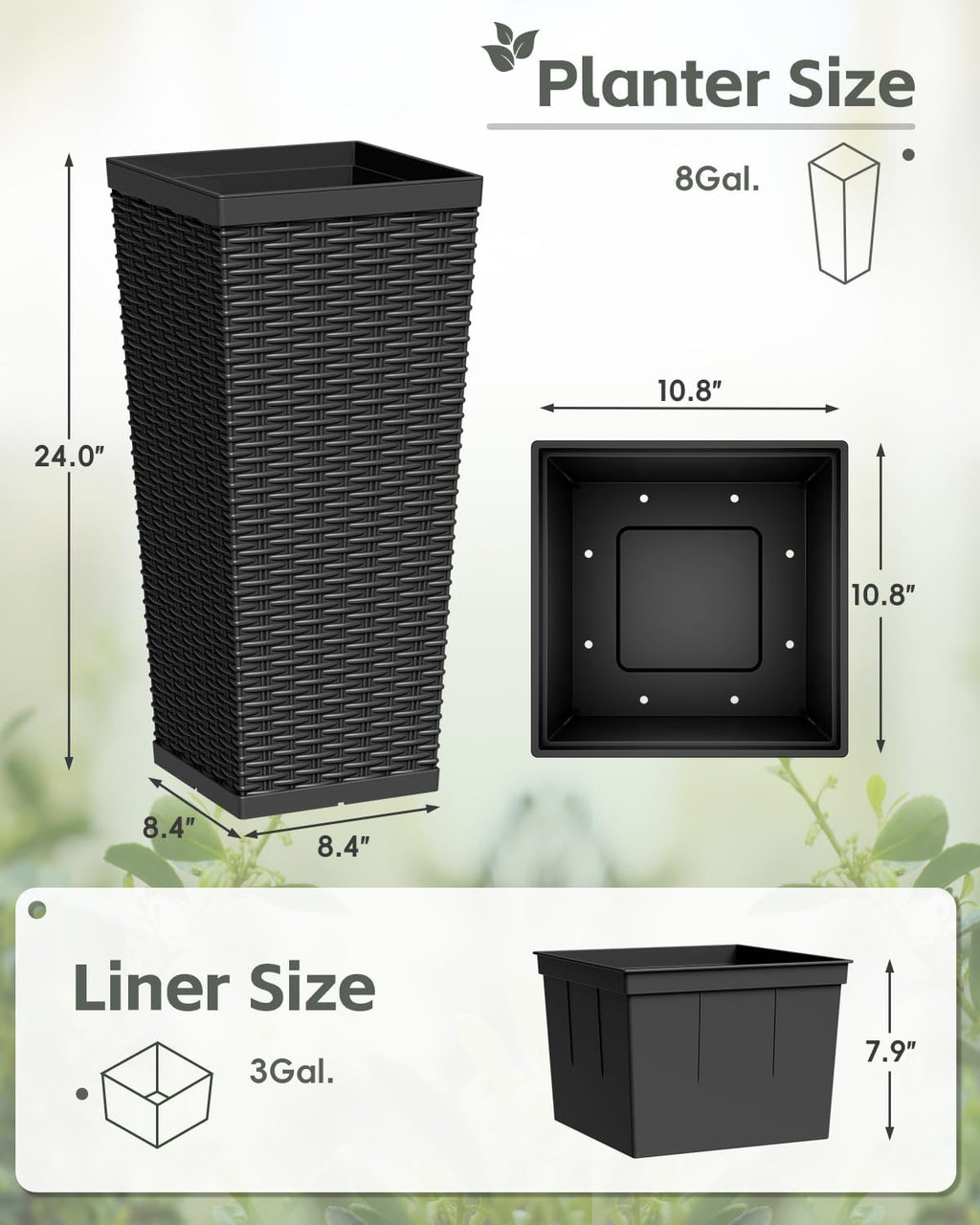 Greesum 24 Inch Tall Plastic Planters with Rattan Texture – Set of 2, Black | Detachable Inner Pot & Drainage Holes