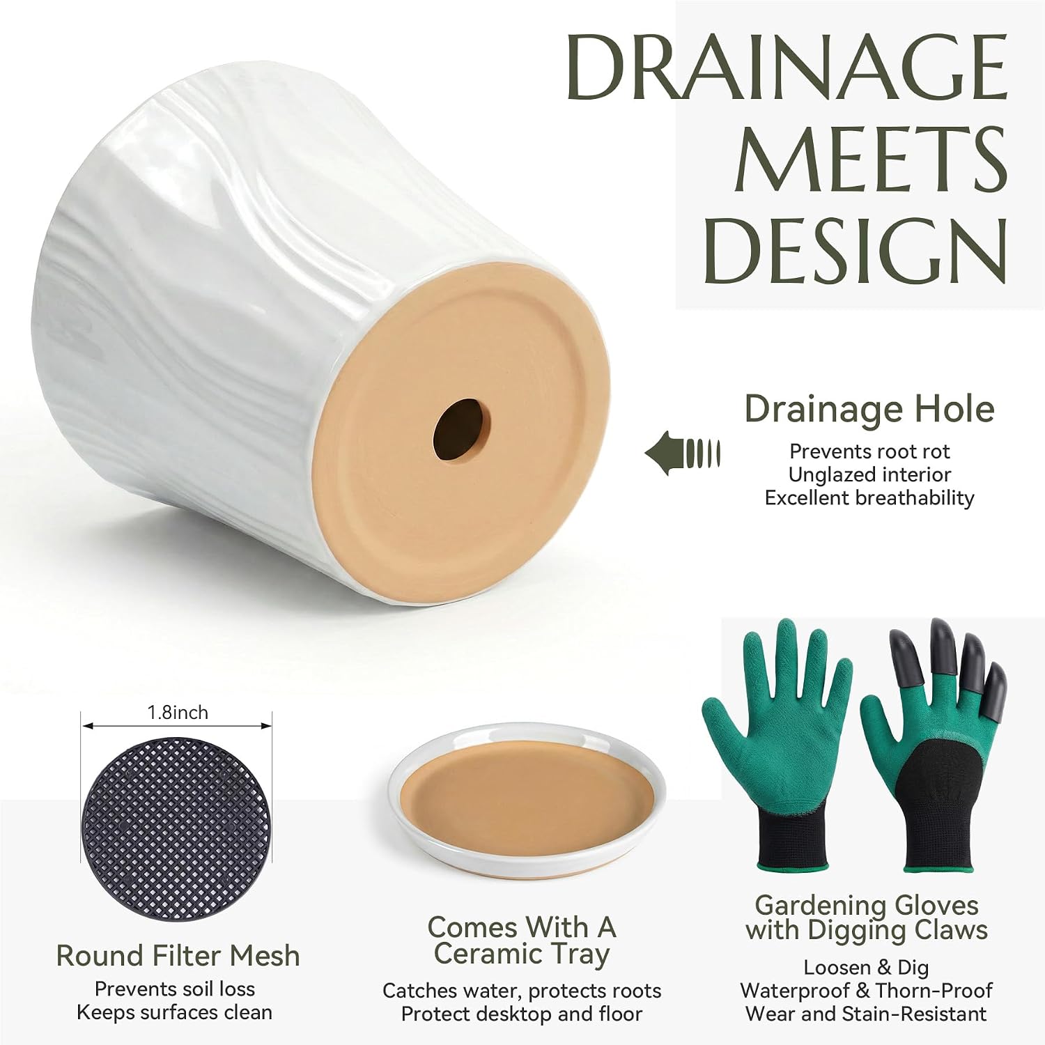 10 Inch Ceramic pots for Plants with Saucer Drainage Leak-Proof Mesh, Round Plant Pot with Gardening Gloves for Indoor