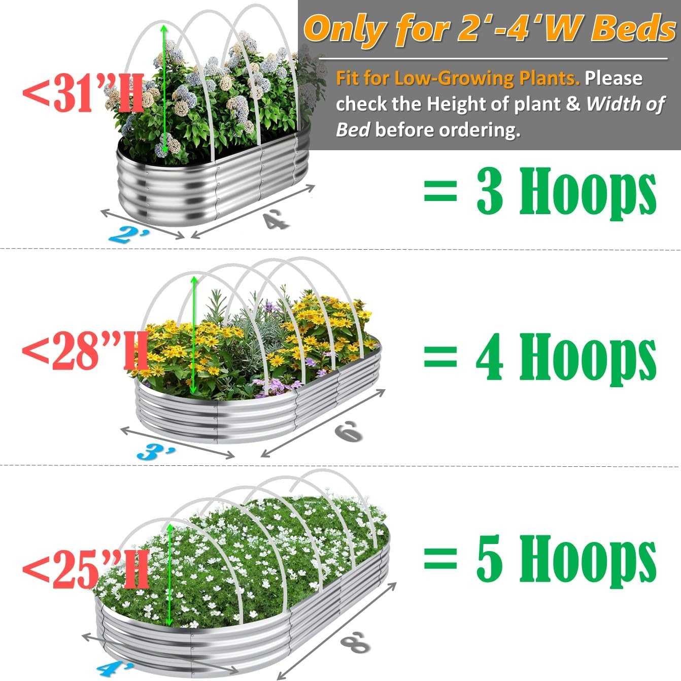 Greenhouse Hoops for 2-4ft Wide Raised Beds, 6.56ft Long Super Bendable Fiberglass Garden Hoops, Weather Resistant Grow