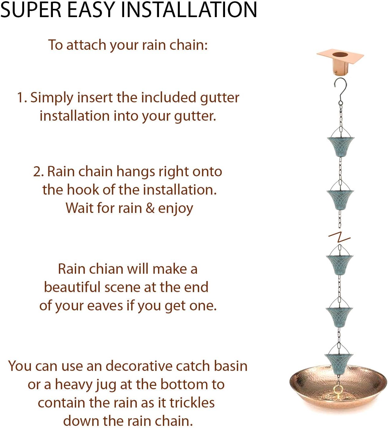 8.5FT Bell Iron Rain Chain for Gutters and Rain Barrel+Adapter, Blue | Rain Chains for Downspout, Rust-Prevent Plated
