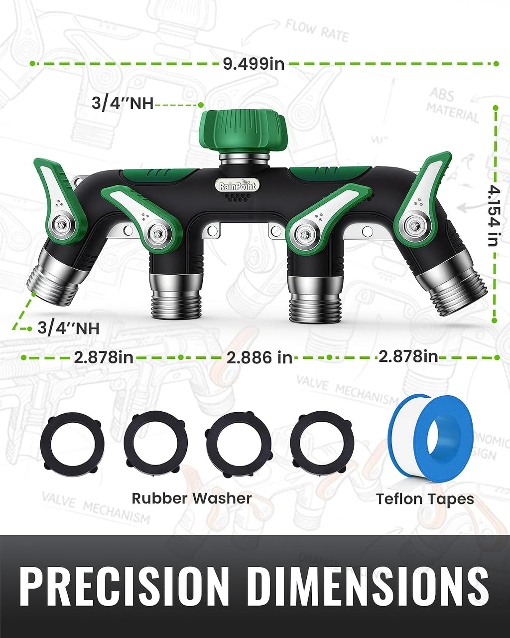 RAINPOINT 4 Way Garden Hose Splitter, 100% Metal Heavy Duty Water Hose Splitter with Individual Shut-Off Valves, 3/4"