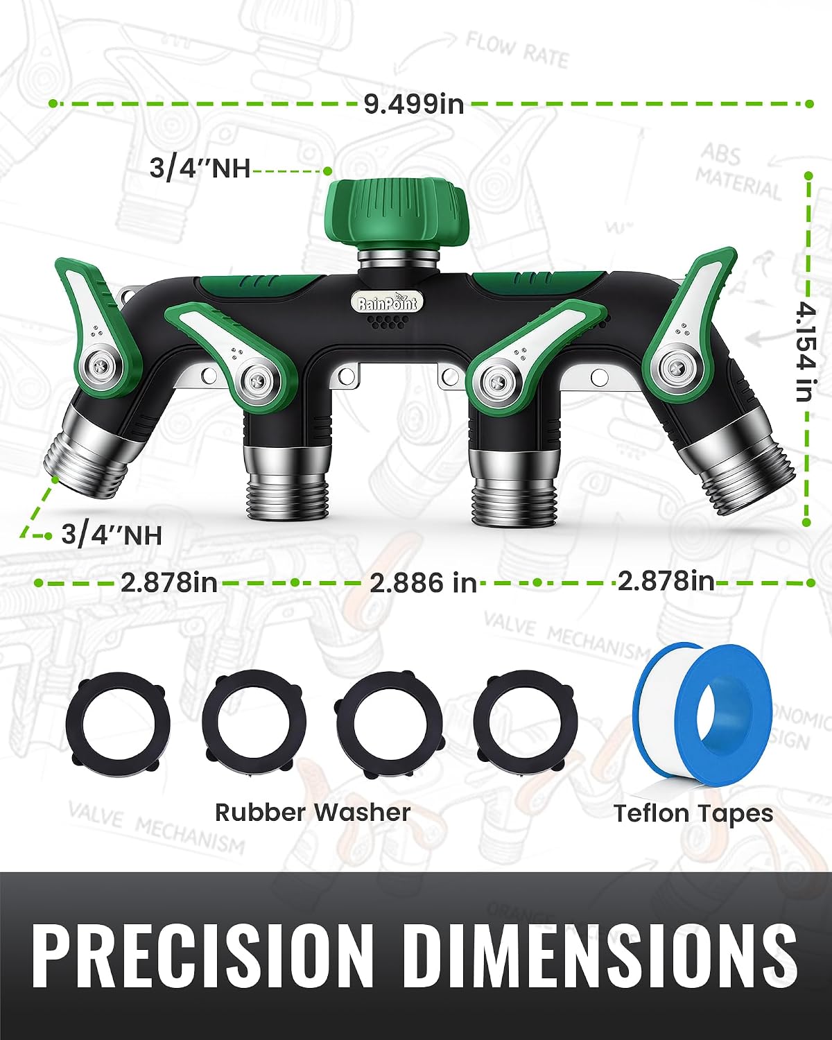 RAINPOINT 4 Way Garden Hose Splitter, 100% Metal Heavy Duty Water Hose Splitter with Individual Shut-Off Valves, 3/4"