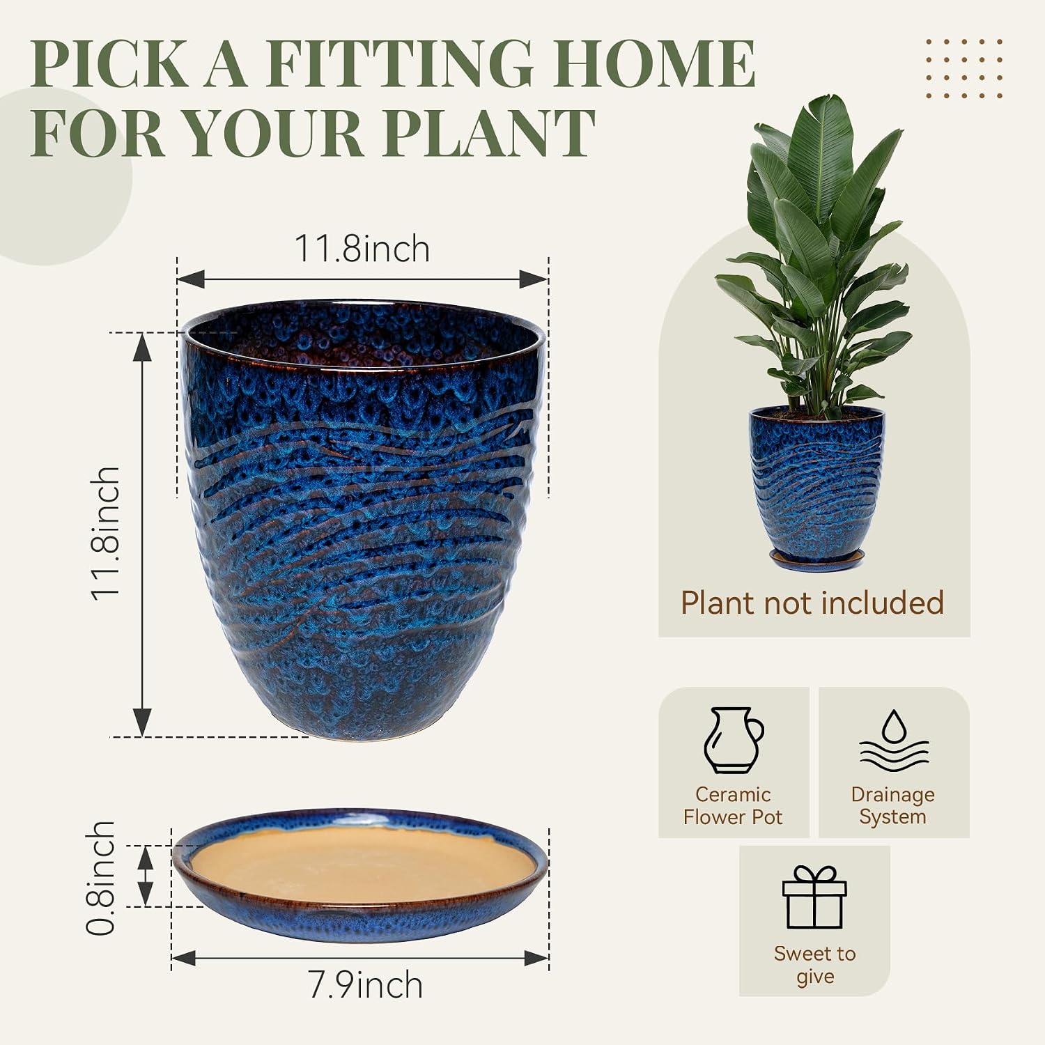 11.8 Inch Modern Ceramic Plant Pot with Saucer, Flower Pot with Drainage Hole Mesh Net,Indoor Outdoor Planter (Speckle
